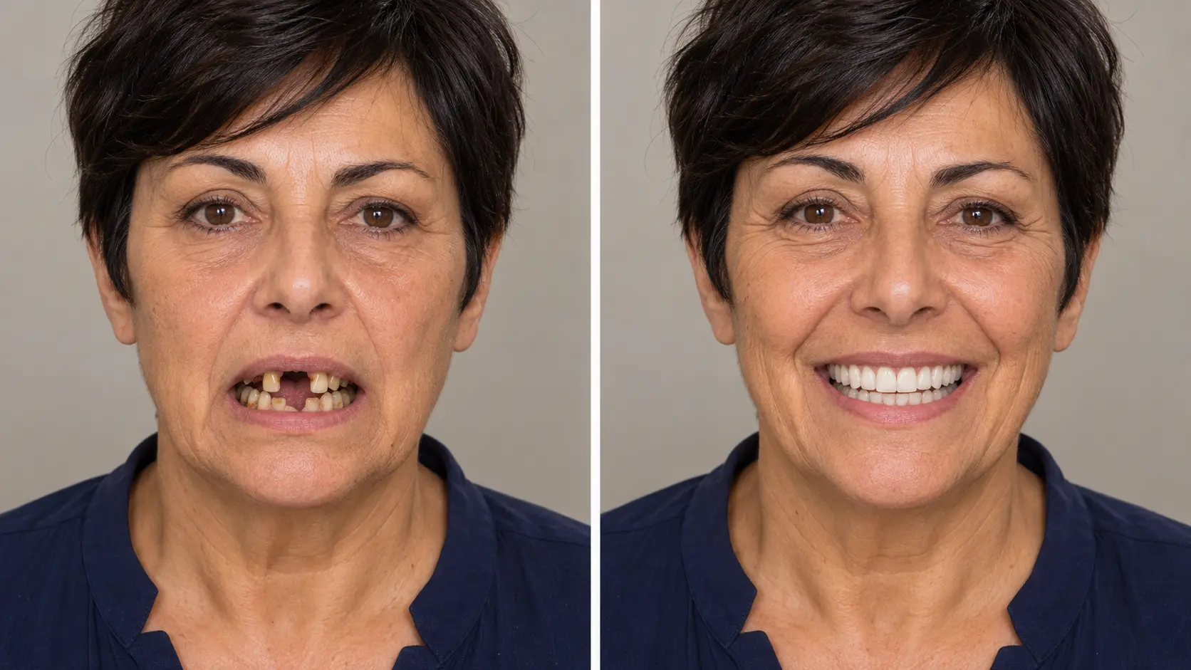 Prima e dopo: trasformazione del sorriso di un uomo con arcata ricostruita su impianti (immagine illustrativa)