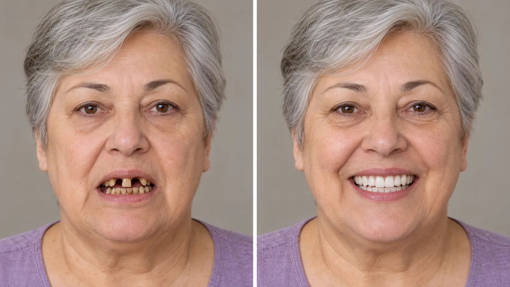 Prima e dopo: sorriso trasformato di una donna con denti mancanti sostituiti con denti fissi (immagine illustrativa)