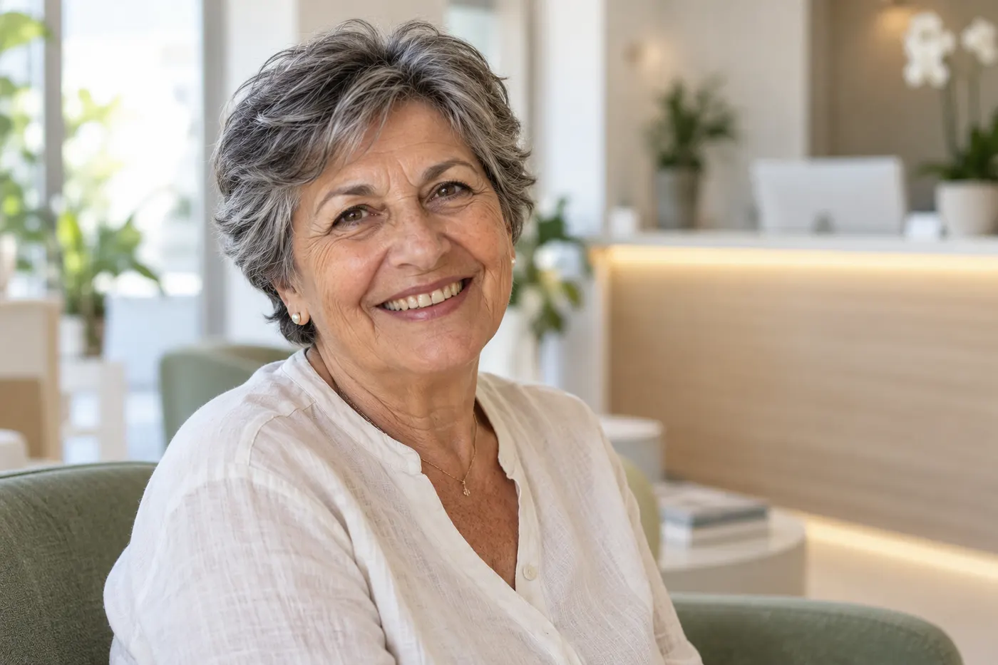 Persona sorridente nella sala d’attesa luminosa di uno studio dentistico (immagine illustrativa)