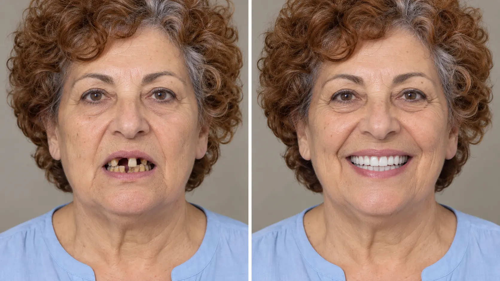 Prima e dopo: trasformazione del sorriso di un paziente con denti mancanti ricostruiti (immagine illustrativa)