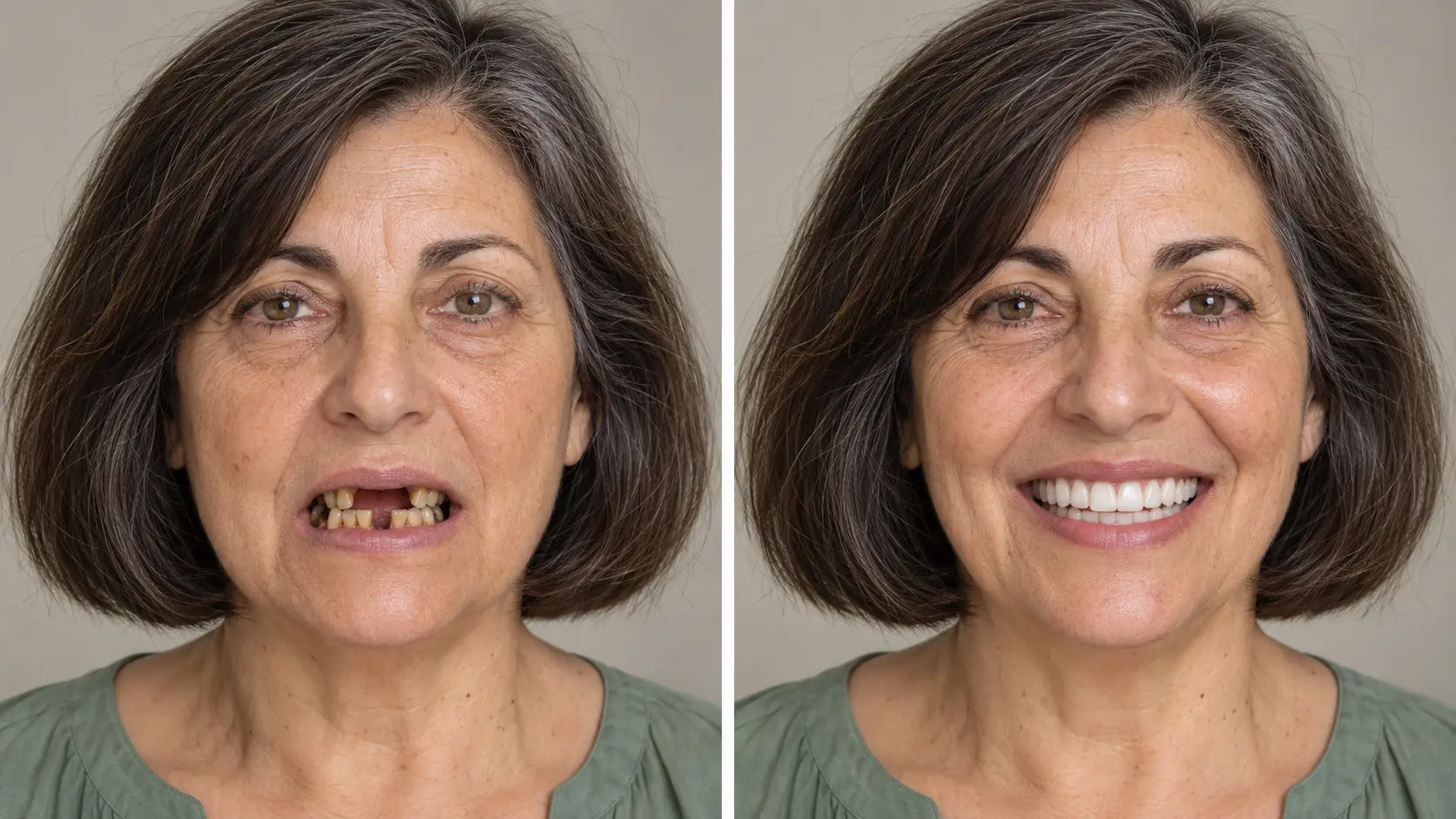 Prima e dopo: trasformazione del sorriso di una donna con denti danneggiati ricostruiti (immagine illustrativa)