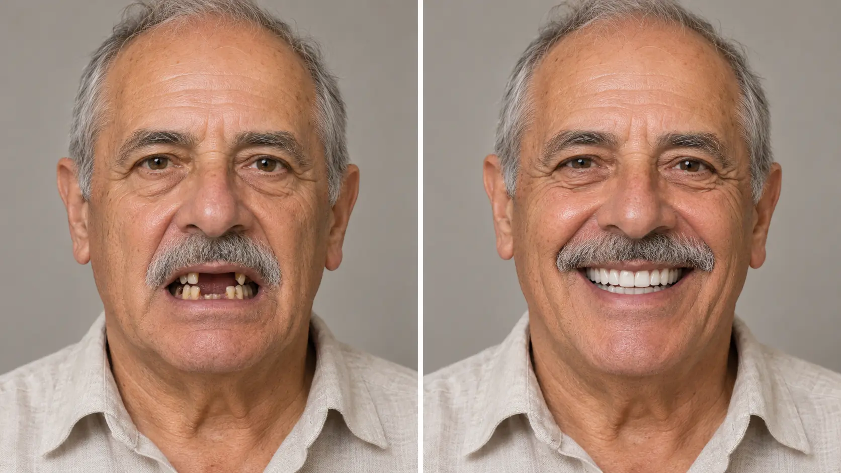 Prima e dopo: sorriso restaurato di una donna con denti consumati ricostruiti su impianti (immagine illustrativa)